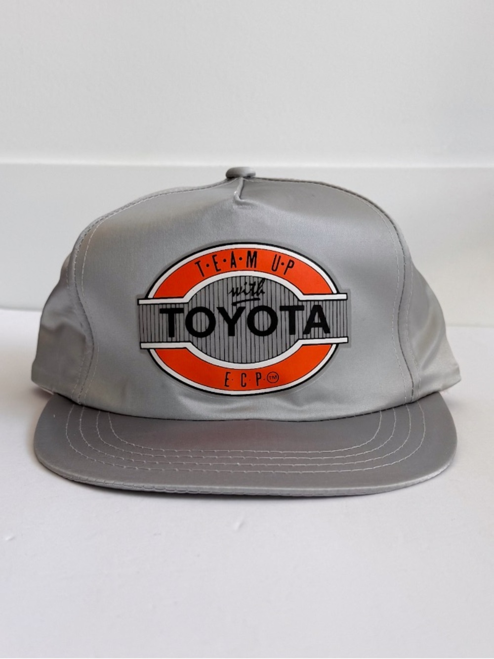 Vtg 90s Toyota Team Up Athletic Headwear Snapback Hat Silver Satin Corporate